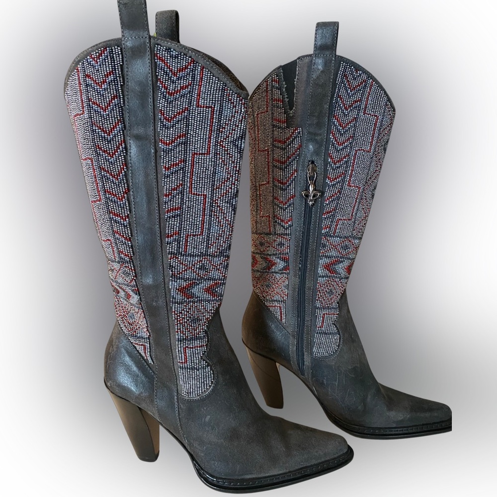Dark Gray Italian Leather Hand Beaded Donald J Pliner “Goldie” Western Boots